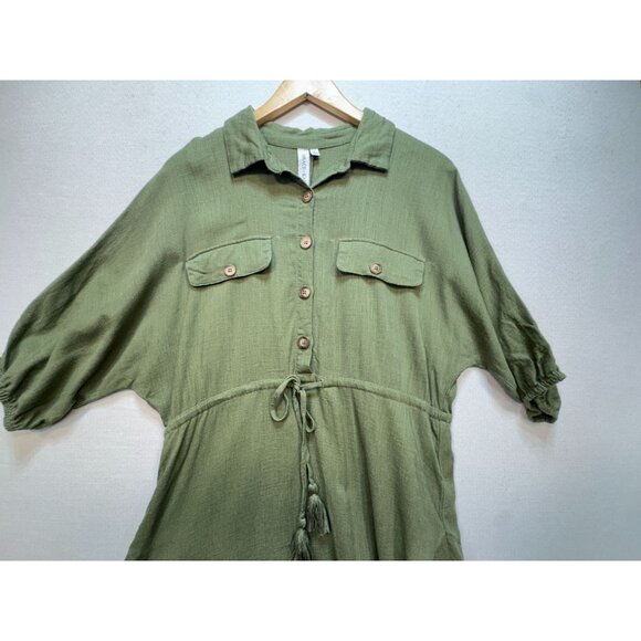 Grace + Karma Linen Blend Shirt Dress Womens Large Green Boho Tassel Tunic - Picture 5 of 11